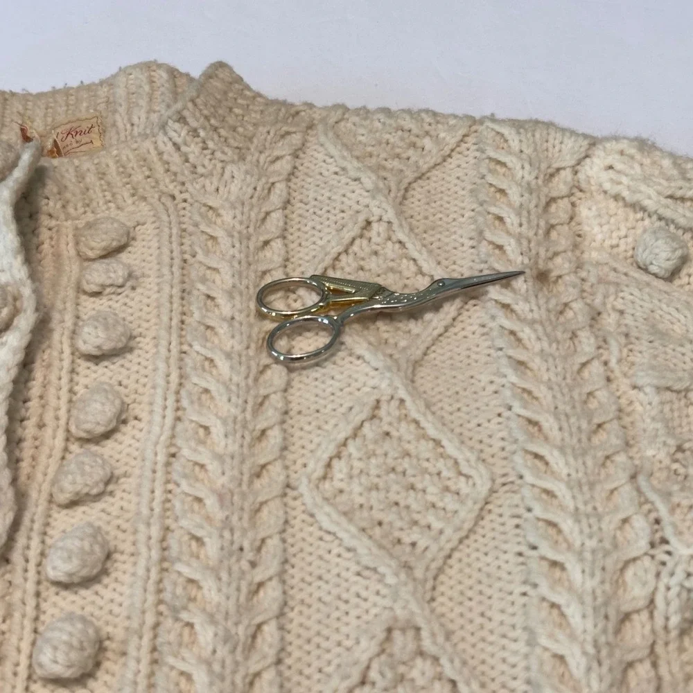 Theresa Farren Hand Knit Wool Aran Cardigan Cream Cable Bobble Fisherman Sweater - Picture 5 of 11